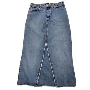 Vintage Y2K Gap USA Raw Hem A Line Denim Blue Jean Button Fly Maxi Skirt Size 10